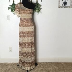 Vintage BeBe one shoulder crocheted maxi dress ruffle detail size xs